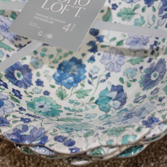 Soho Loft Blue White Flower Floral Scalloped Melamine 8" Soup Bowl Set of 4 NWT - Picture 2 of 5